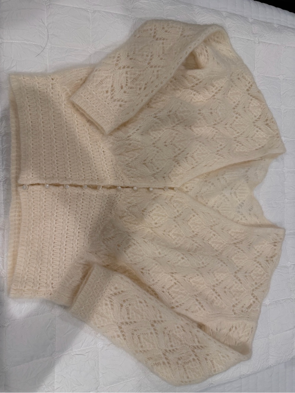 Sezane Cream Lace Knit V‑Neck Cardigan